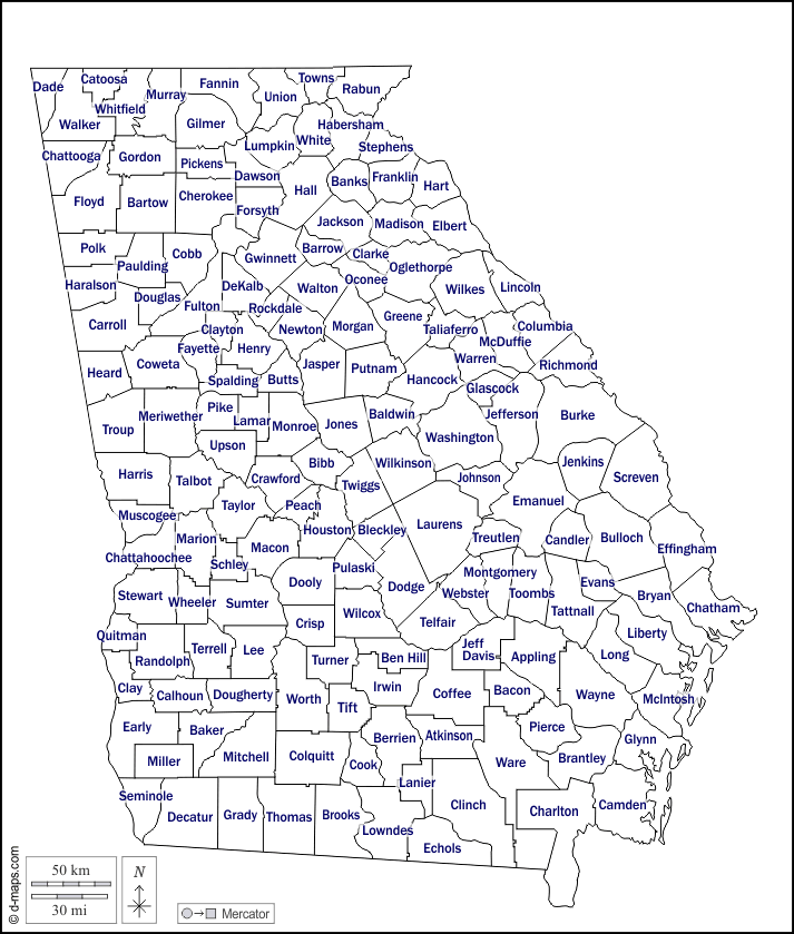 Georgia : d-maps.com: mappa gratuita, mappa muta gratuita, cartina muta gratuita : contorni, contee, nomi, bianco