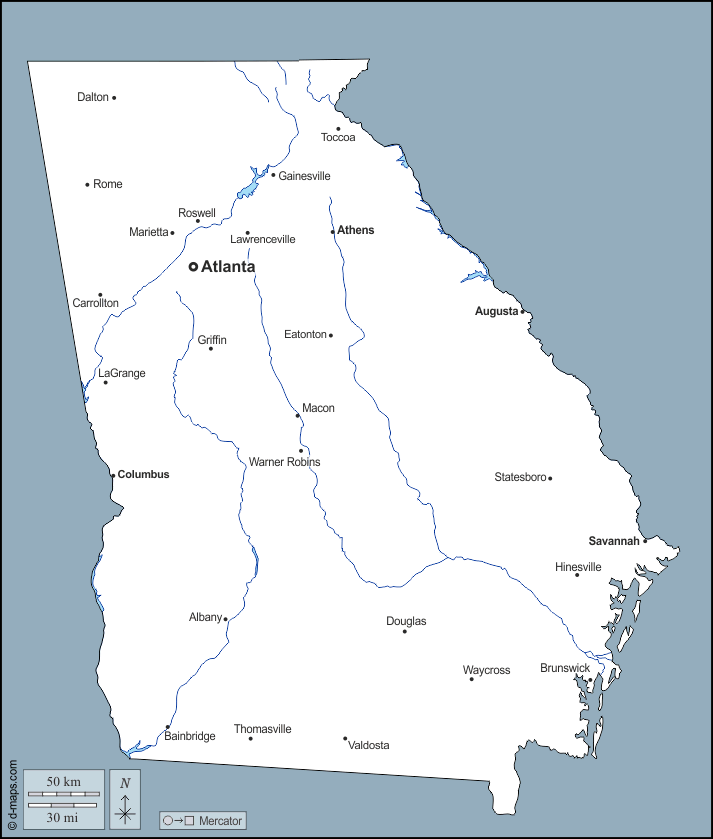 Georgia : d-maps.com: mappa gratuita, mappa muta gratuita, cartina muta gratuita : contorni, idrografia, principali città, nomi