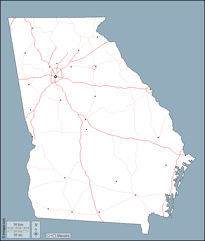 Georgia : d-maps.com: mappa gratuita, mappa muta gratuita, cartina muta gratuita : contorni, principali città, strade