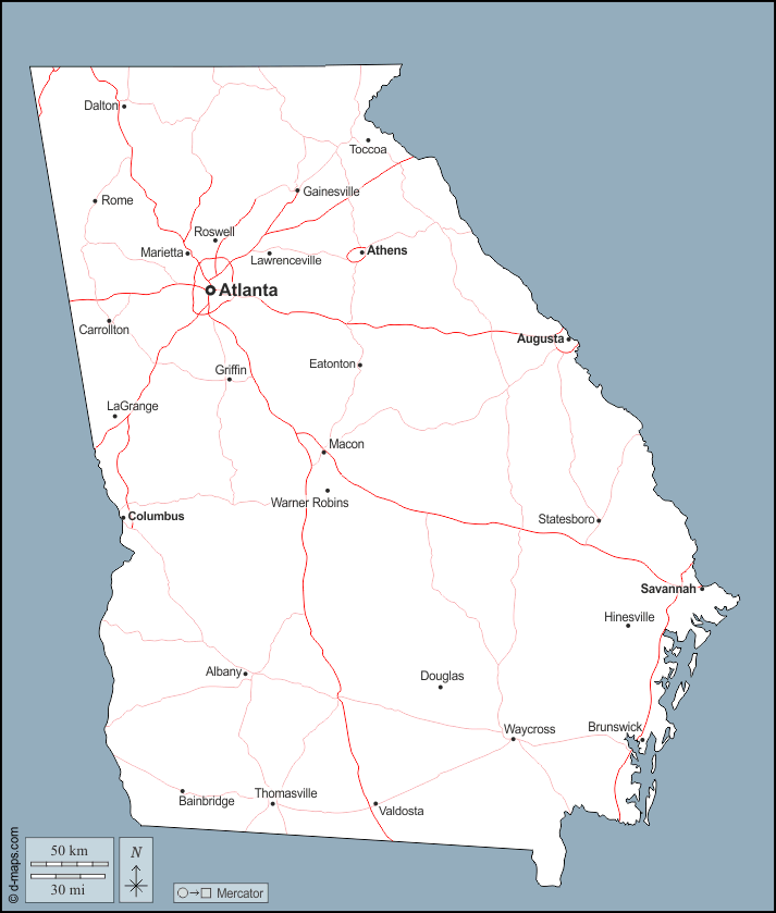 Georgia : d-maps.com: Kostenlose Karten, kostenlose stumme Karte, kostenlose unausgefüllt Landkarte, kostenlose hochauflösende Umrisskarte : Umrisse, Wichtige Städte, Straßen, Namen