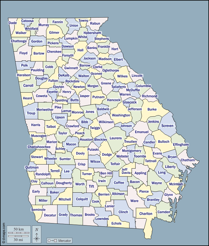 Georgia : d-maps.com: mappa gratuita, mappa muta gratuita, cartina muta gratuita : contorni, contee, nomi, colore
