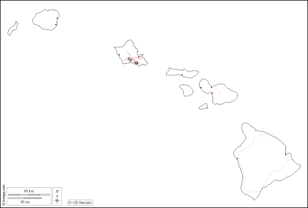 Hawaii : d-maps.com: mappa gratuita, mappa muta gratuita, cartina muta gratuita : frontiere, principali città, strade, bianco