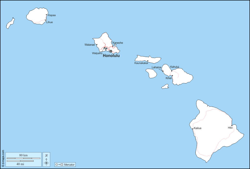Hawaii : d-maps.com: mappa gratuita, mappa muta gratuita, cartina muta gratuita : frontiere, principali città, strade, nomi