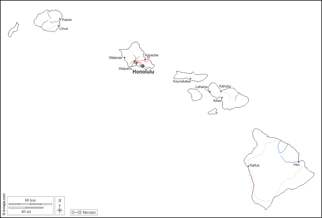 Hawaii : d-maps.com: mappa gratuita, mappa muta gratuita, cartina muta gratuita : frontiere, idrografia, principali città, strade, nomi, bianco