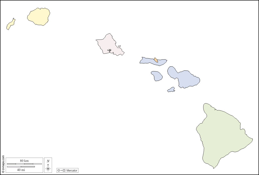 Hawaii : d-maps.com: mappa gratuita, mappa muta gratuita, cartina muta gratuita : frontiere, contee, colore, bianco