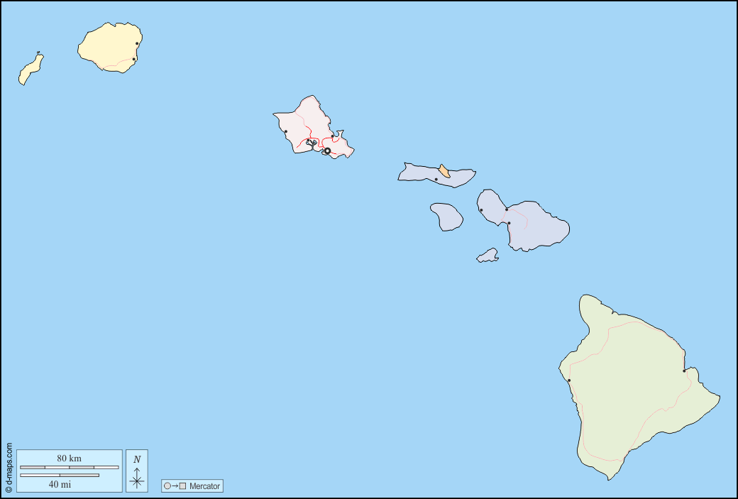 Hawaii : d-maps.com: mappa gratuita, mappa muta gratuita, cartina muta gratuita : frontiere, contee, principali città, strade, colore