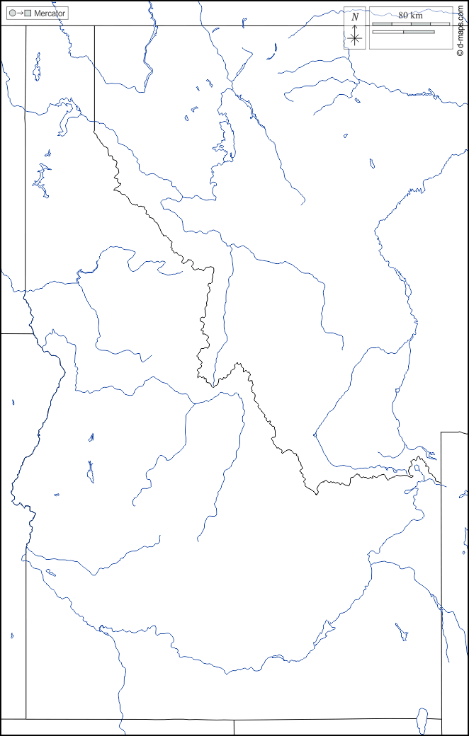 Idaho : d-maps.com: mappa gratuita, mappa muta gratuita, cartina muta gratuita : frontiere, idrografia, bianco