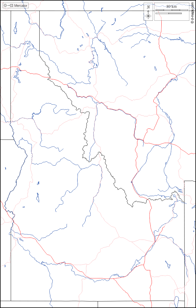 Idaho : d-maps.com: mappa gratuita, mappa muta gratuita, cartina muta gratuita : frontiere, idrografia, strade, bianco