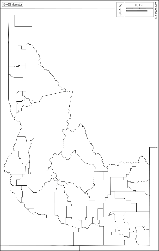 Idaho : d-maps.com: mappa gratuita, mappa muta gratuita, cartina muta gratuita : frontiere, contee, bianco