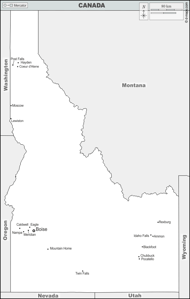 Idaho : d-maps.com: mappa gratuita, mappa muta gratuita, cartina muta gratuita : frontiere, principali città, nomi