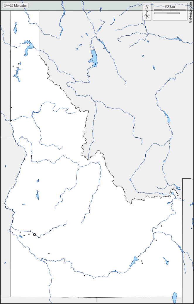 Idaho : d-maps.com: mappa gratuita, mappa muta gratuita, cartina muta gratuita : frontiere, idrografia, principali città