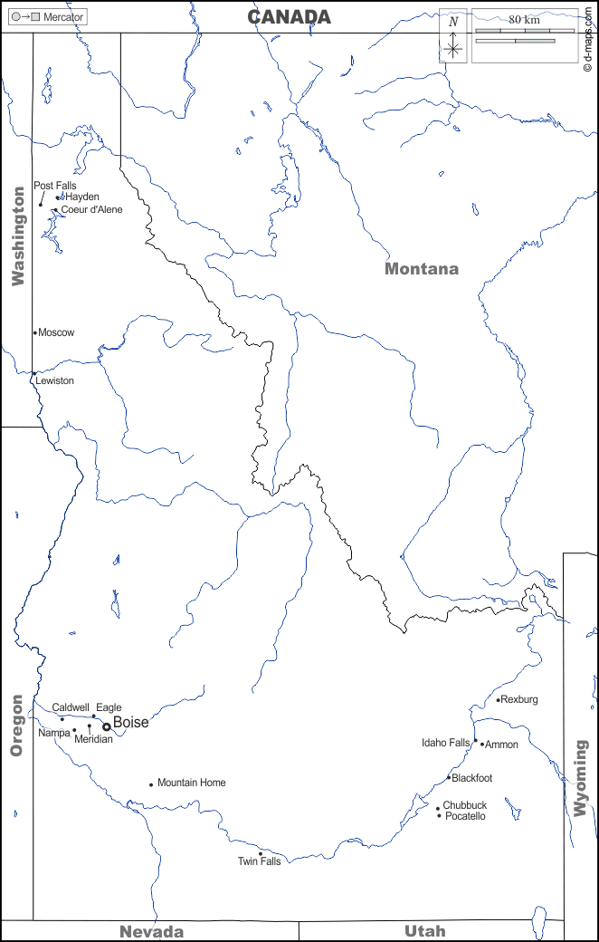 Idaho : d-maps.com: mappa gratuita, mappa muta gratuita, cartina muta gratuita : frontiere, idrografia, principali città, nomi, bianco