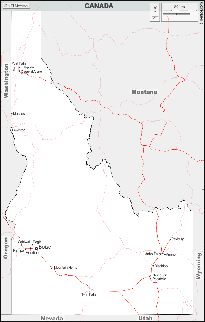 Idaho : d-maps.com: mappa gratuita, mappa muta gratuita, cartina muta gratuita : frontiere, principali città, strade, nomi