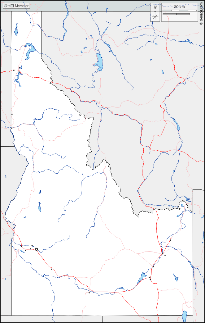 Idaho : d-maps.com: mappa gratuita, mappa muta gratuita, cartina muta gratuita : frontiere, idrografia, principali città, strade