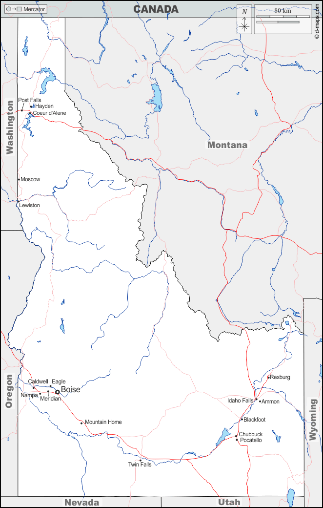 Idaho : d-maps.com: mappa gratuita, mappa muta gratuita, cartina muta gratuita : frontiere, idrografia, principali città, strade, nomi