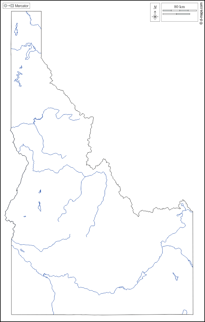 Idaho : d-maps.com: Kostenlose Karten, kostenlose stumme Karte, kostenlose unausgefüllt Landkarte, kostenlose hochauflösende Umrisskarte : Umrisse, Hydrografie, weiß