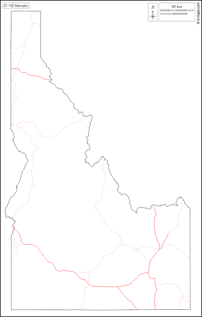 Idaho : d-maps.com: mappa gratuita, mappa muta gratuita, cartina muta gratuita : contorni, strade, bianco
