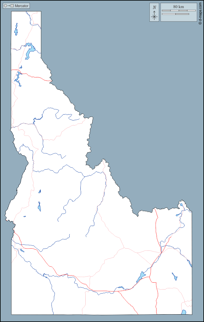 Idaho : d-maps.com: mappa gratuita, mappa muta gratuita, cartina muta gratuita : contorni, idrografia, strade