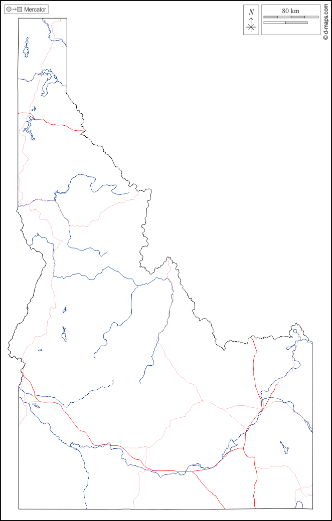 Idaho : d-maps.com: mappa gratuita, mappa muta gratuita, cartina muta gratuita : contorni, idrografia, strade, bianco