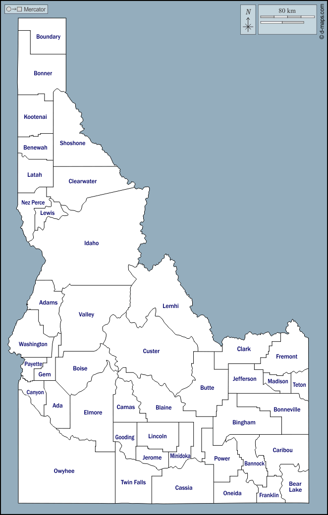 Idaho : d-maps.com: mappa gratuita, mappa muta gratuita, cartina muta gratuita : contorni, contee, nomi