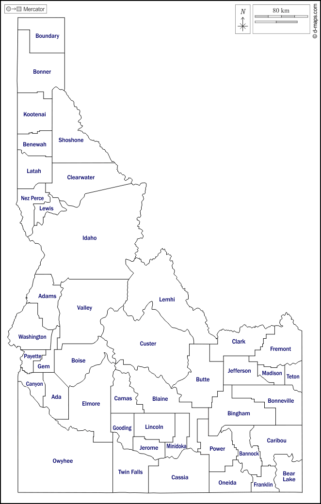 Idaho : d-maps.com: mappa gratuita, mappa muta gratuita, cartina muta gratuita : contorni, contee, nomi, bianco