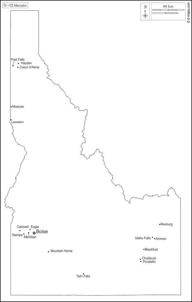 Idaho : d-maps.com: mappa gratuita, mappa muta gratuita, cartina muta gratuita : contorni, principali città, nomi, bianco