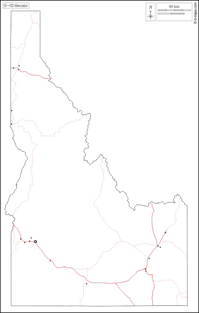 Idaho : d-maps.com: mappa gratuita, mappa muta gratuita, cartina muta gratuita : contorni, principali città, strade, bianco