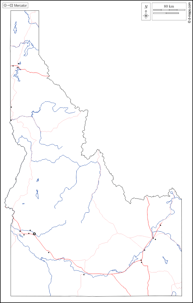 Idaho : d-maps.com: mappa gratuita, mappa muta gratuita, cartina muta gratuita : contorni, idrografia, principali città, strade, bianco