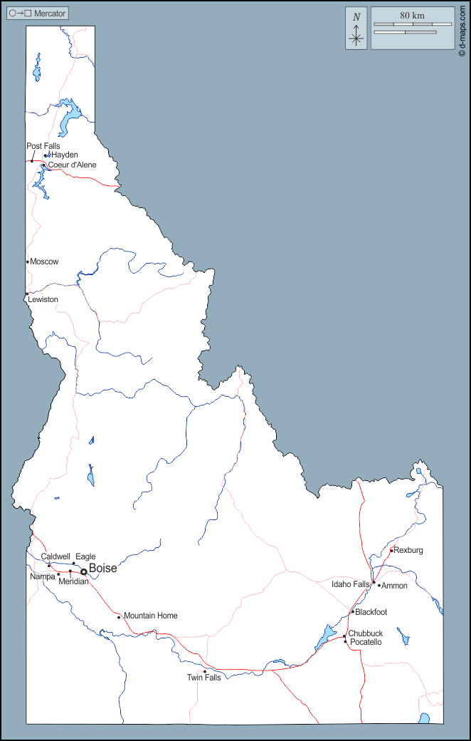 Idaho : d-maps.com: Kostenlose Karten, kostenlose stumme Karte, kostenlose unausgefüllt Landkarte, kostenlose hochauflösende Umrisskarte : Umrisse, Hydrografie, Wichtige Städte, Straßen, Namen