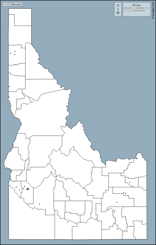 Idaho : d-maps.com: mappa gratuita, mappa muta gratuita, cartina muta gratuita : contorni, contee, principali città