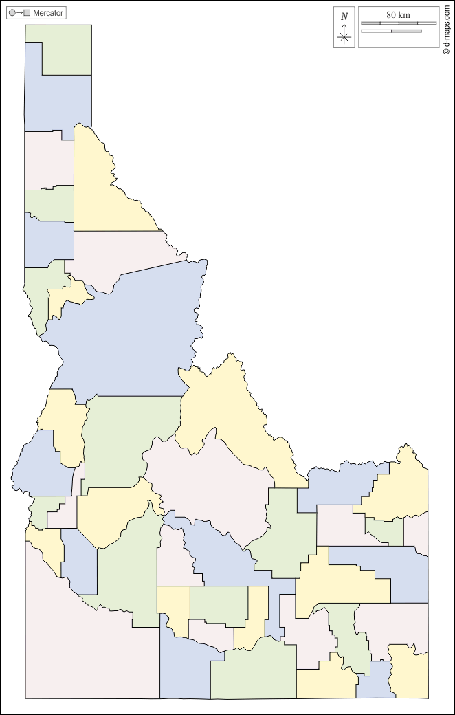 Idaho : d-maps.com: mappa gratuita, mappa muta gratuita, cartina muta gratuita : contorni, contee, colore, bianco