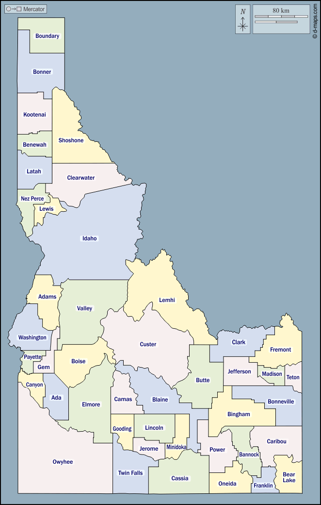 Idaho : d-maps.com: mappa gratuita, mappa muta gratuita, cartina muta gratuita : contorni, contee, nomi, colore