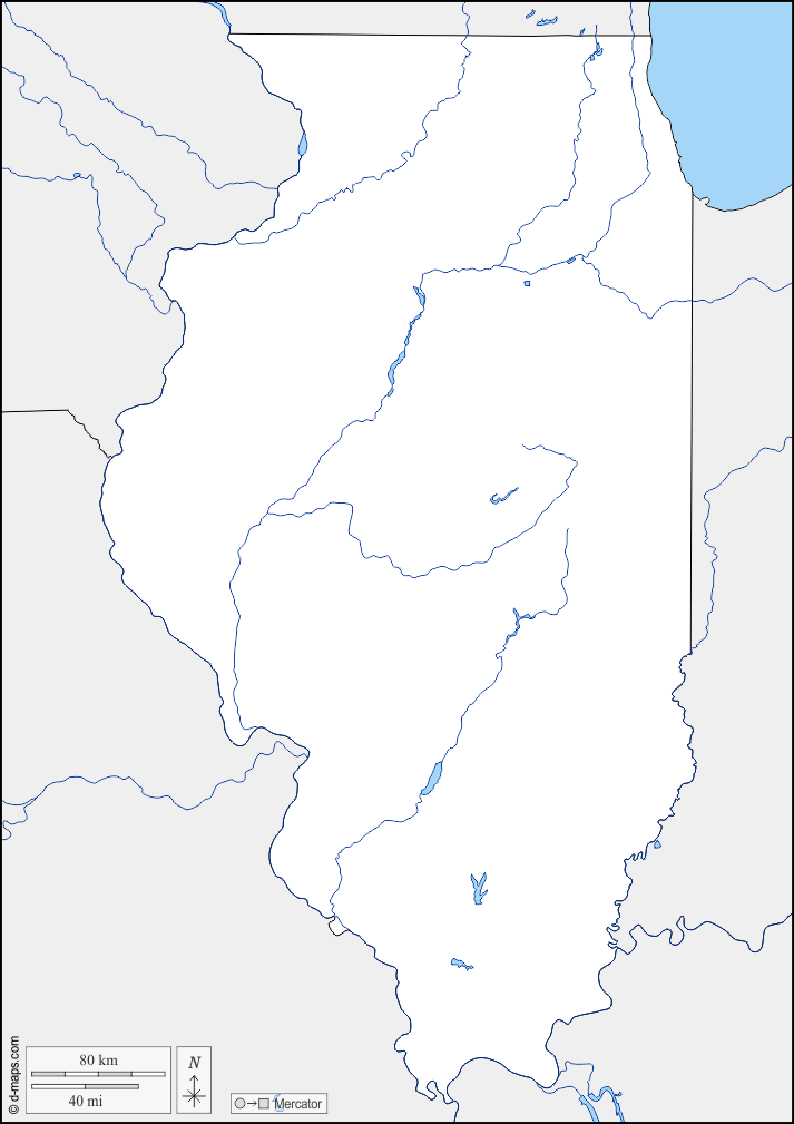 Illinois : d-maps.com: mappa gratuita, mappa muta gratuita, cartina muta gratuita : frontiere, idrografia