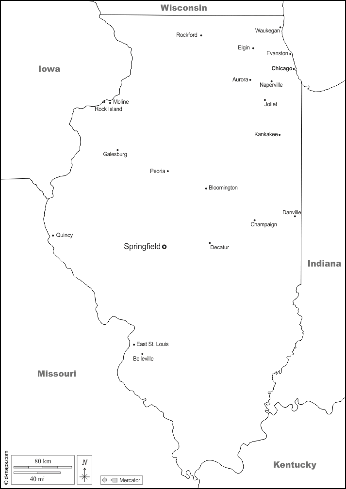 Illinois : d-maps.com: mappa gratuita, mappa muta gratuita, cartina muta gratuita : frontiere, principali città, nomi, bianco