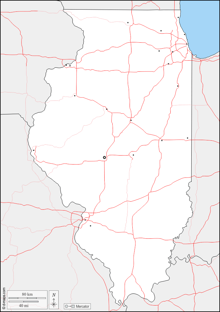 Illinois : d-maps.com: mappa gratuita, mappa muta gratuita, cartina muta gratuita : frontiere, principali città, strade