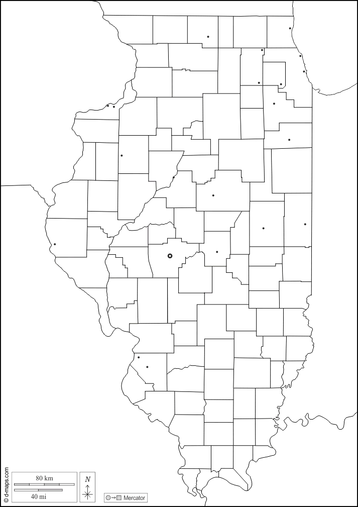Illinois : d-maps.com: mappa gratuita, mappa muta gratuita, cartina muta gratuita : frontiere, contee, principali città, bianco