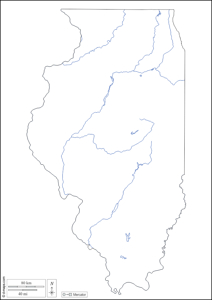 Illinois : d-maps.com: mappa gratuita, mappa muta gratuita, cartina muta gratuita : contorni, idrografia, bianco