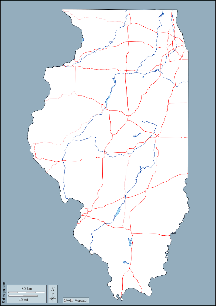 Illinois : d-maps.com: mappa gratuita, mappa muta gratuita, cartina muta gratuita : contorni, idrografia, strade