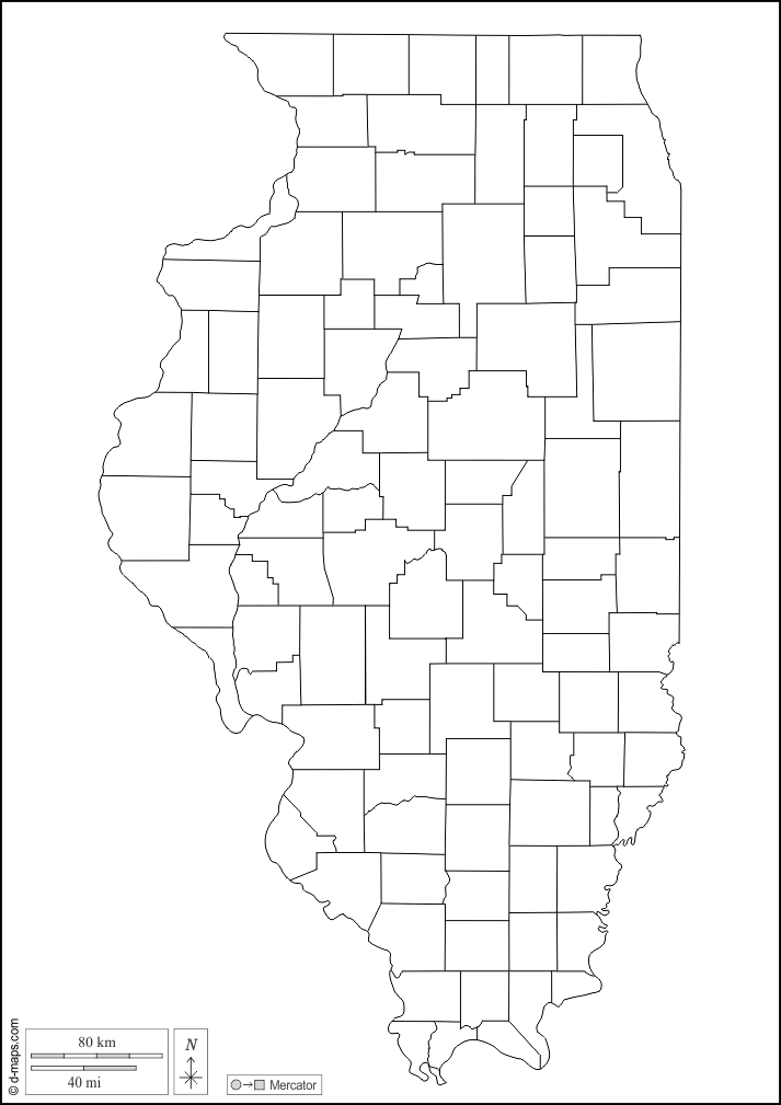 Illinois : d-maps.com: mappa gratuita, mappa muta gratuita, cartina muta gratuita : contorni, contee, bianco