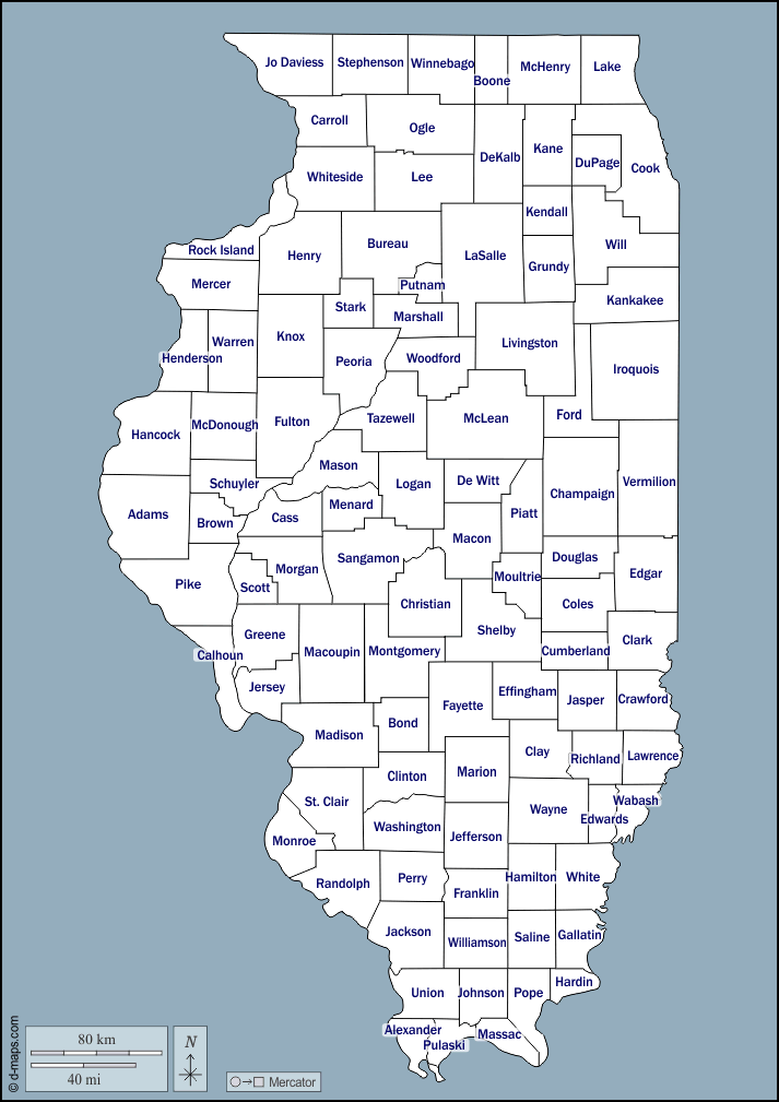 Illinois : d-maps.com: mappa gratuita, mappa muta gratuita, cartina muta gratuita : contorni, contee, nomi