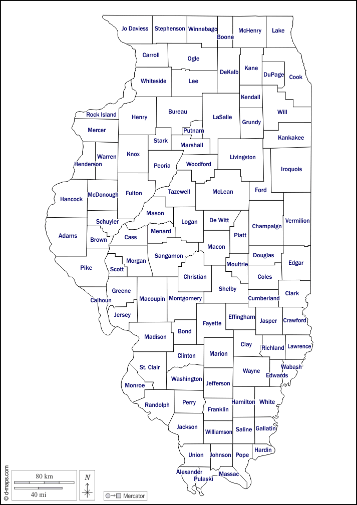 Illinois : d-maps.com: mappa gratuita, mappa muta gratuita, cartina muta gratuita : contorni, contee, nomi, bianco