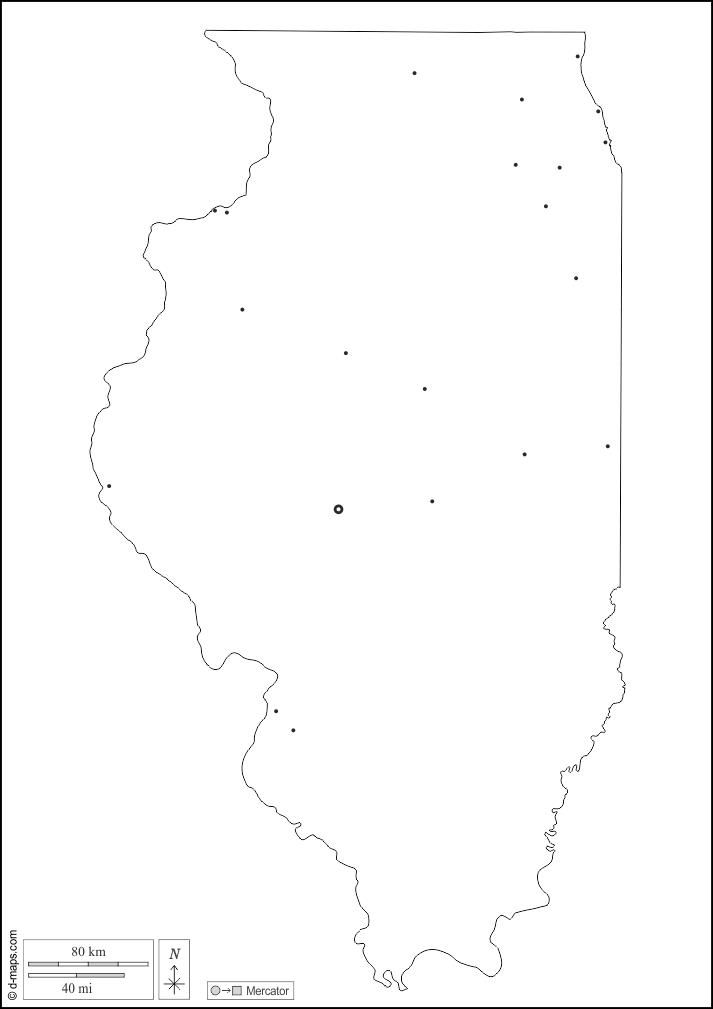 Illinois : d-maps.com: mappa gratuita, mappa muta gratuita, cartina muta gratuita : contorni, principali città, bianco