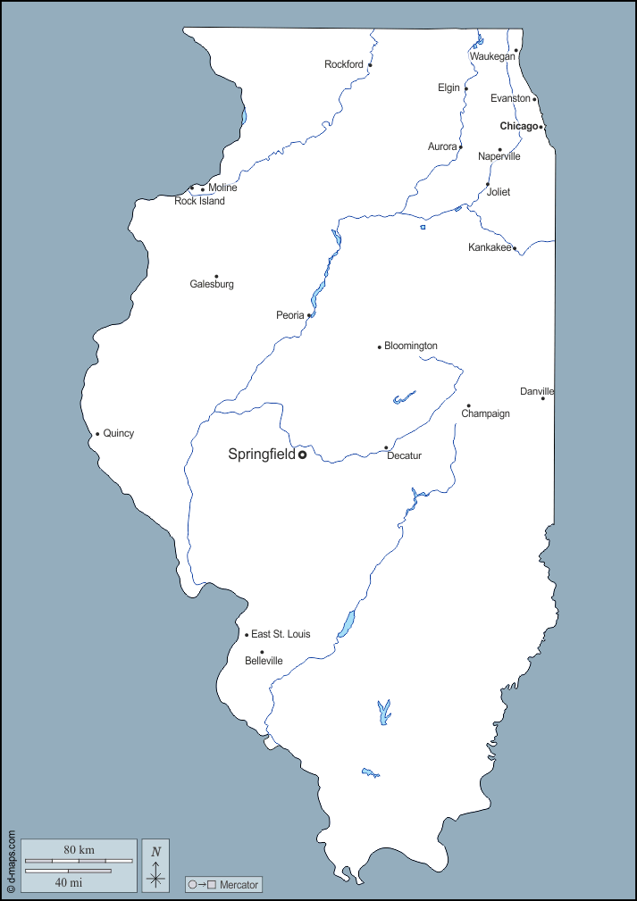 Illinois : d-maps.com: mappa gratuita, mappa muta gratuita, cartina muta gratuita : contorni, idrografia, principali città, nomi