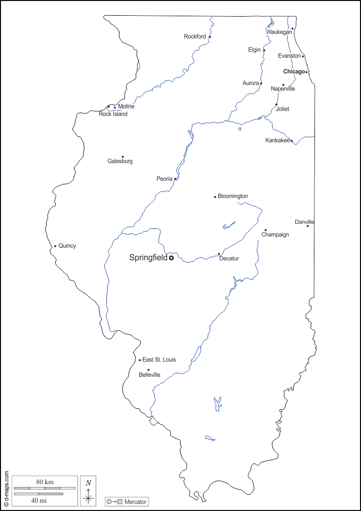 Illinois : d-maps.com: mappa gratuita, mappa muta gratuita, cartina muta gratuita : contorni, idrografia, principali città, nomi, bianco