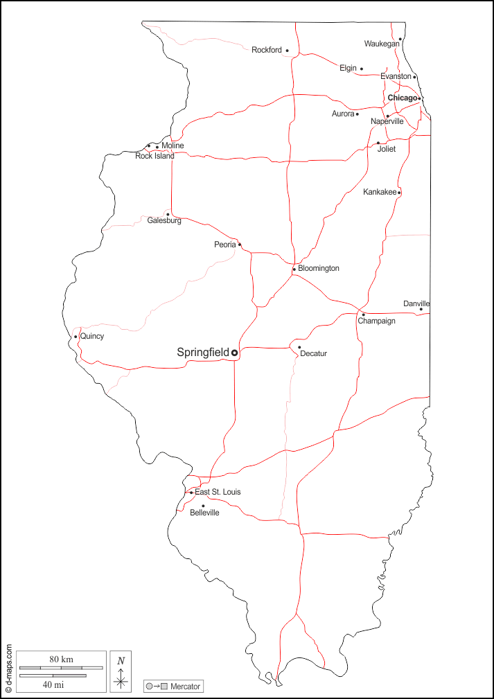 Illinois : d-maps.com: mappa gratuita, mappa muta gratuita, cartina muta gratuita : contorni, principali città, strade, nomi, bianco