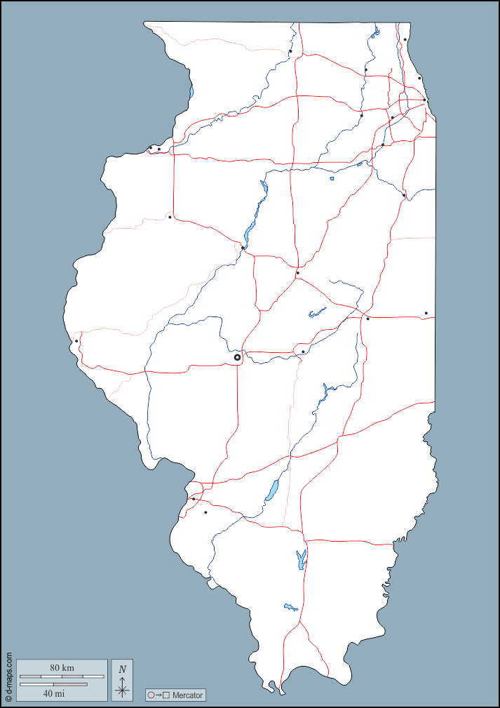 Illinois : d-maps.com: mappa gratuita, mappa muta gratuita, cartina muta gratuita : contorni, idrografia, principali città, strade