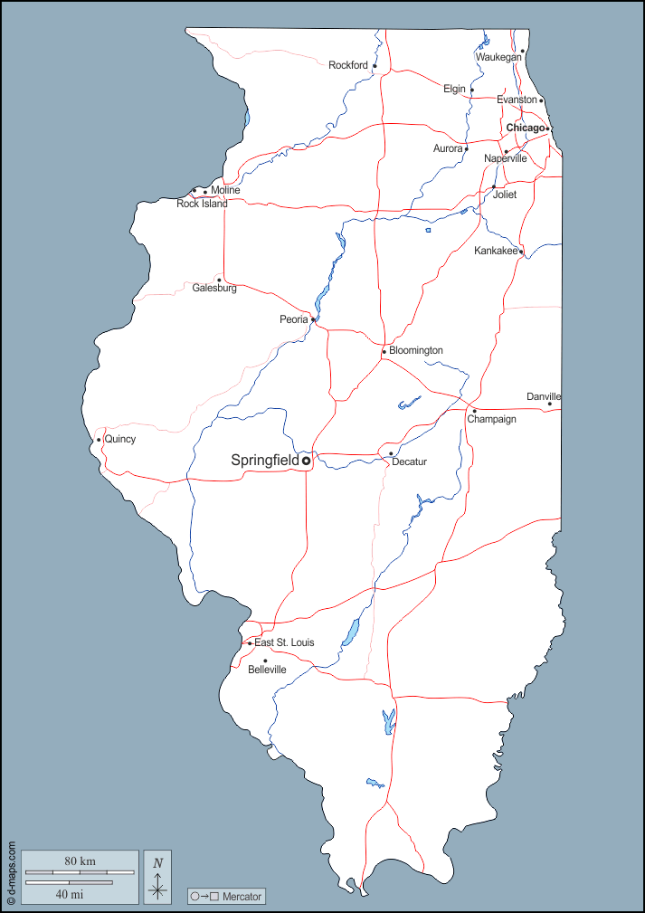 Illinois : d-maps.com: mappa gratuita, mappa muta gratuita, cartina muta gratuita : contorni, idrografia, principali città, strade, nomi