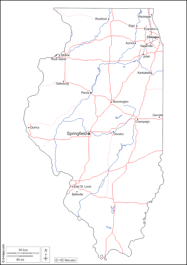 Illinois : d-maps.com: mappa gratuita, mappa muta gratuita, cartina muta gratuita : contorni, idrografia, principali città, strade, nomi, bianco