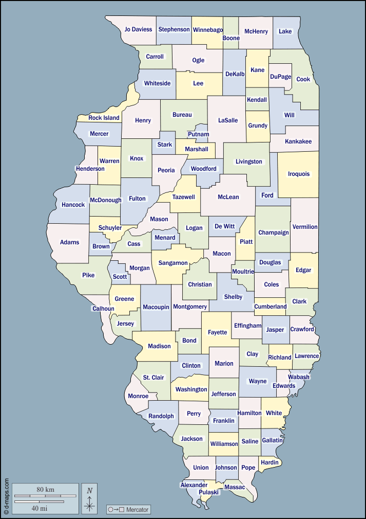 Illinois : d-maps.com: mappa gratuita, mappa muta gratuita, cartina muta gratuita : contorni, contee, nomi, colore