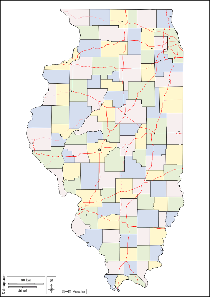 Illinois : d-maps.com: mappa gratuita, mappa muta gratuita, cartina muta gratuita : contorni, contee, principali città, strade, colore, bianco